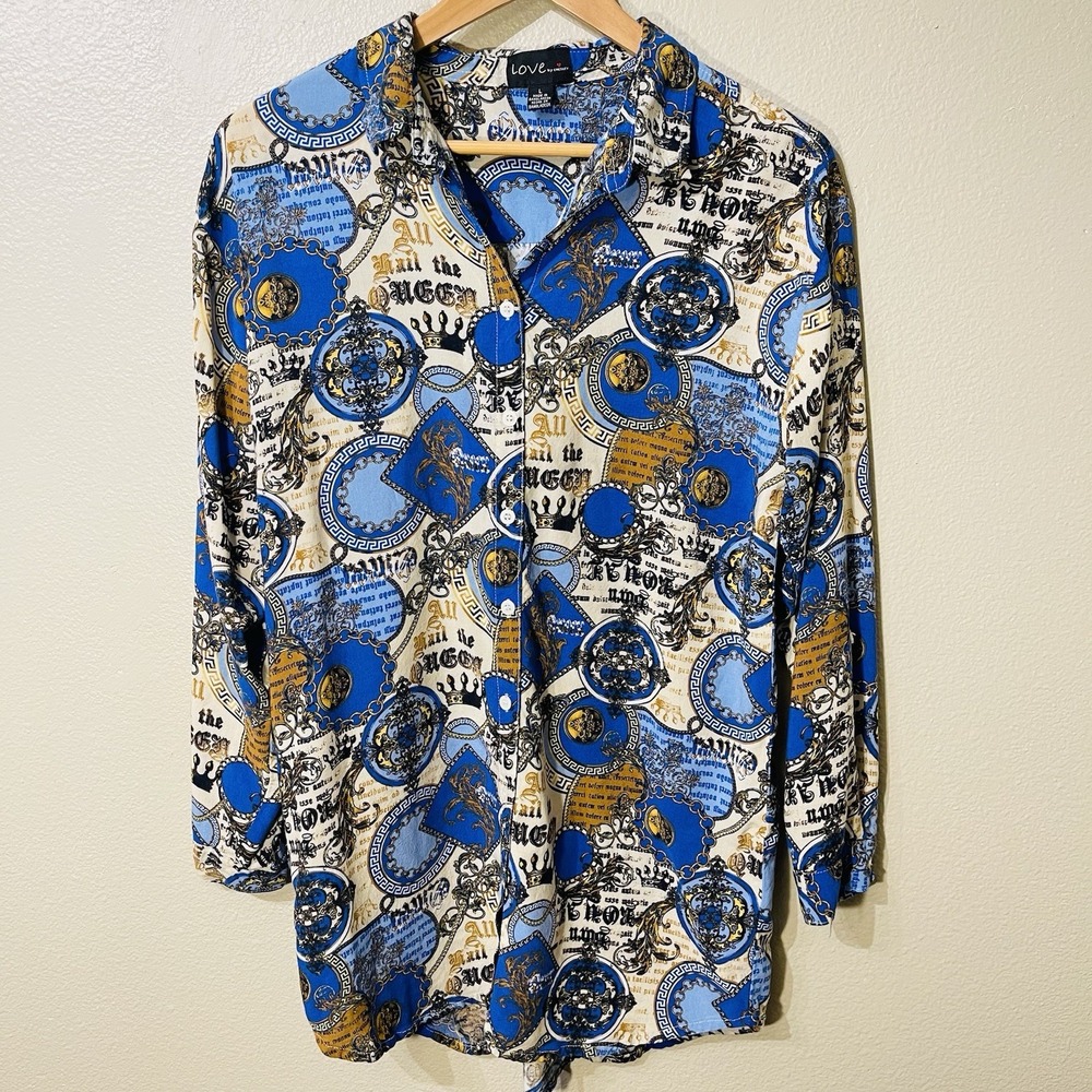 Love‎ By Chesley All Hail The Queen Button Up Novelty Shirt Blue Gold Posh Sz L